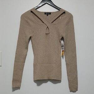 Lily Morgan Criss Cross Long Sleeve Beige Sparkle Top